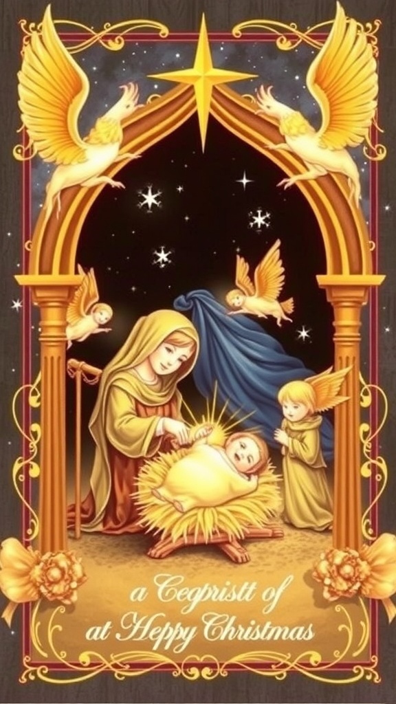 A Christmas card depicting the Nativity scene with Mary, Joseph, and baby Jesus under a starry sky.